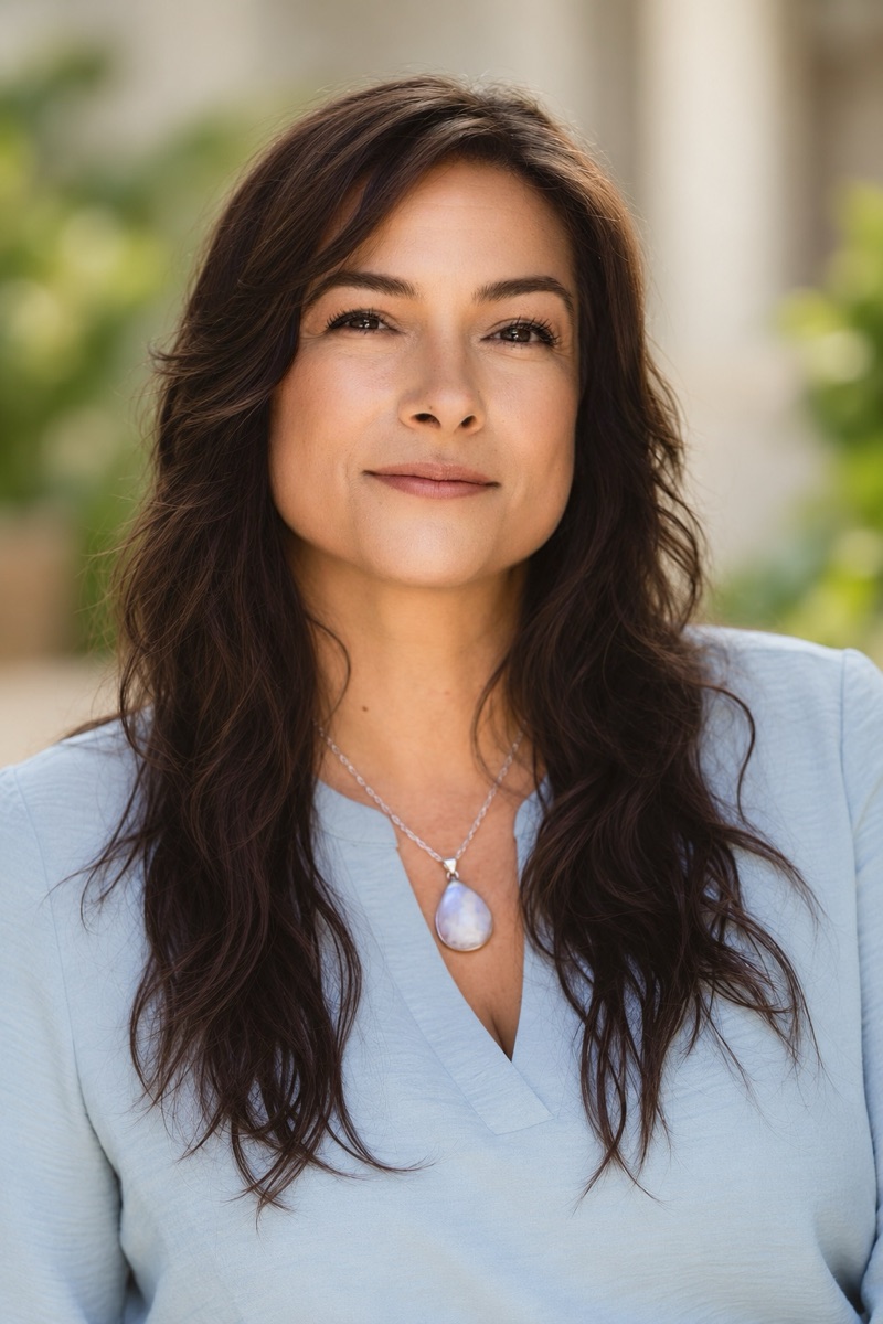 Brandi Lozano, smiling, with long dark hair, wearing a light blue blouse